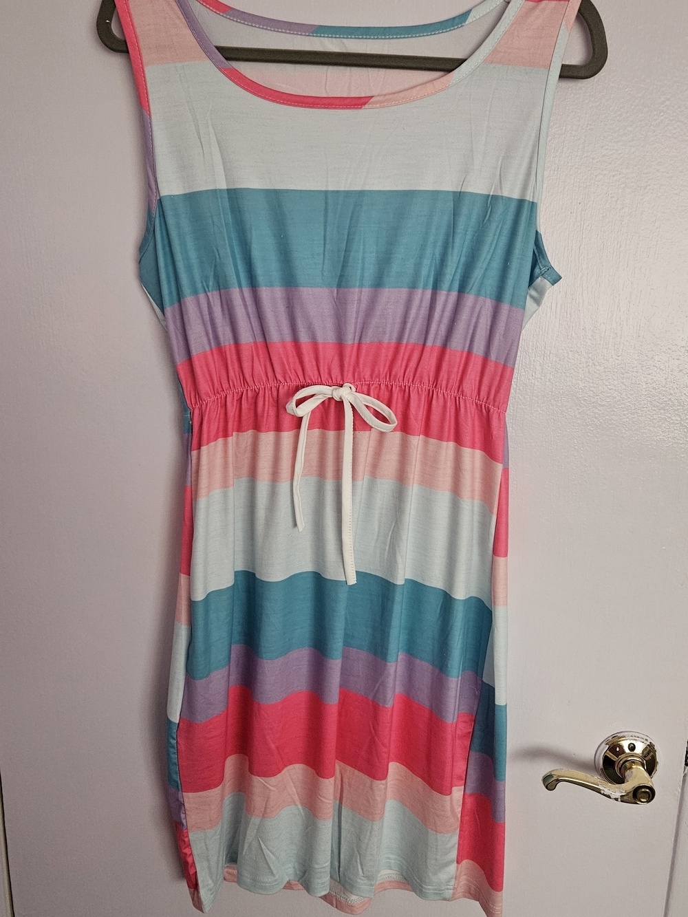 Womens Sleeveless Striped Drawstring Dress - Pink, Teal, Lavender Light Weight